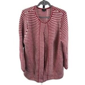 Talbots Sweater Women's Size 2X Red White Geometric Pure Merino Wool‎ Cardigan